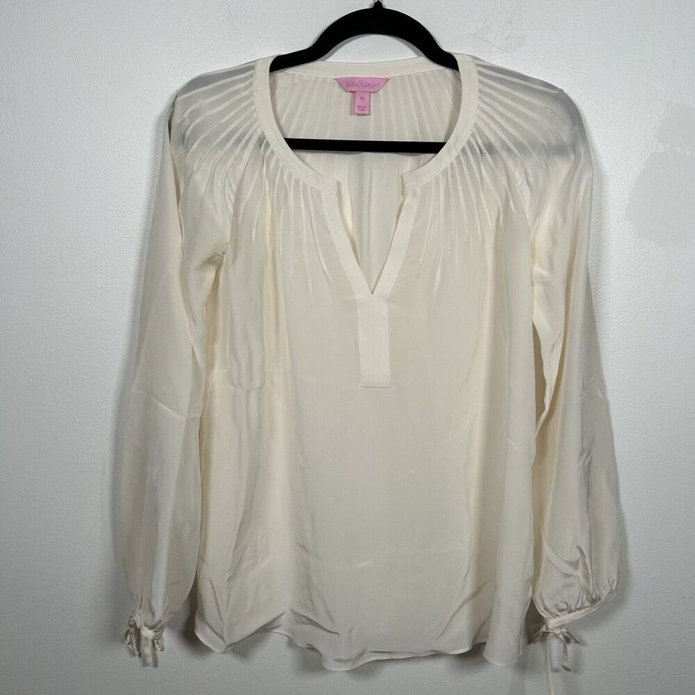 Lilly Pulitzer Silk Long Sleeve Pleated Blouse Ivory Shirt Top Small
